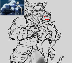 big_bulge bodily_fluids bottomwear bulge clothed clothing detailed_bulge duo erection erection_under_clothing genital_fluids genital_outline holding_object knife loincloth male male/male military penis_outline precum precum_through_clothing size_difference soldier threatening threatening_with_weapon warrior wet wet_clothing young demonrat overlord_(series) waiter_(demonrat) bovid caprine goat mammal murid murine rat rodent absurd_res hi_res sketch