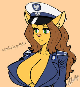 anthro belt belt_buckle belt_pouch bottomwear breasts brown_hair buckle car clothing ears_down eyebrows female fur green_eyes hair hat headgear headwear pivoted_ears poland police police_car police_hat police_officer police_uniform police_vehicle polish_people's_republic skirt smile solo uniform vehicle wearing_hat yellow_body yellow_fur chisheq fso_polonez aneta_(chisheq) domestic_cat felid feline felis mammal