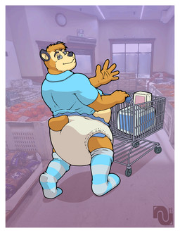 anthro belly blue_clothing blue_footwear blue_shirt blue_socks blue_topwear border clean_diaper clothed clothing diaper footwear fur gesture grocery_basket grocery_shopping grocery_store legwear looking_at_viewer looking_over_shoulders male overweight overweight_anthro overweight_male photo_background plantigrade shirt shopping shopping_cart socks t-shirt thigh_highs thigh_socks topwear waving waving_at_viewer waving_hand wearing_diaper white_border white_diaper yellow_body yellow_fur nenanauso bear mammal ursine cel_shading mixed_media photography_(artwork) shaded