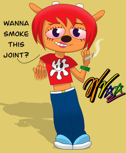 anthro bloodshot_eyes dialogue drugs female inviting_viewer joint marijuana motion_blur smile smoke solo text wifeyvoo parappa_the_rapper sony_corporation sony_interactive_entertainment um_jammer_lammy lammy_lamb bovid caprine mammal sheep english_text