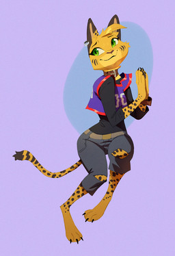 3_toes anthro barefoot belt bottomwear bracelet clasped_hands clothing collar denim denim_bottomwear denim_clothing ear_piercing ear_ring facial_markings feet female fur green_eyes head_markings head_tuft jeans jersey jewelry long_sleeve_shirt long_tail looking_aside looking_up markings pants piercing pointy_ears pose pupils ring_piercing shirt simple_background slit_pupils smile solo spots spotted_body spotted_fur striped_markings stripes tail toes topwear torn_bottomwear torn_clothing torn_jeans torn_pants tuft yellow_body yellow_fur ruffu pepper_in_the_sandbox pepper_(ruffu) felid feline mammal serval 2025 colored detailed digital_drawing_(artwork) digital_media_(artwork) shaded