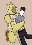 anthro beak clothed clothing duo eyes_closed female hat headgear headwear hug machine male open_beak open_mouth simple_background white_body yellow_body gglloooopp five_nights_at_freddy's scottgames chica_(fnaf) classic_chica_(fnaf) animatronic avian bird chicken galliform gallus_(genus) human mammal phasianid robot 2021 digital_media_(artwork)