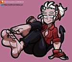 5_toes barefoot black_nails breasts clothed clothing colored_nails feet female fingerless_gloves foot_fetish gloves handwear horn humanoid_feet nails not_furry open_clothing open_shirt open_topwear plantigrade shirt smile soles solo spade_tail tail text toes topwear reathroch helltaker justice_(helltaker) demon demon_humanoid horned_humanoid humanoid hi_res