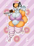 anthro belly big_belly big_breasts blush bottomwear breasts cake clothed clothing dessert female fingers food fur hair huge_breasts looking_at_viewer navel open_mouth overweight overweight_female simple_background smile solo thick_thighs topwear wide_hips mexifurfoof zera_(titsunekitsune) canid canine fox mammal 2019 3:4 absurd_res digital_drawing_(artwork) digital_media_(artwork) hi_res