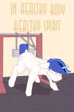 bodily_fluids cutie_mark exercise feral gym male solo sweat text weights workout chapaevv friendship_is_magic hasbro my_little_pony shining_armor_(mlp) equid equine horse mammal pony 2:3 absurd_res digital_media_(artwork) hi_res