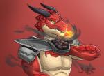 armor breath_powers claws clothing dagger elemental_manipulation fangs fire fire_breathing fire_manipulation gauntlets gloves gradient_background handwear inviting looking_at_viewer male melee_weapon muscular muscular_male pecs pupils red_background shoulder_guard simple_background slit_pupils solo teeth weapon wolf0xt3r brawlhalla mythology ragnir_(brawlhalla) dragon mythological_creature mythological_scalie reptile scalie 2018 signature