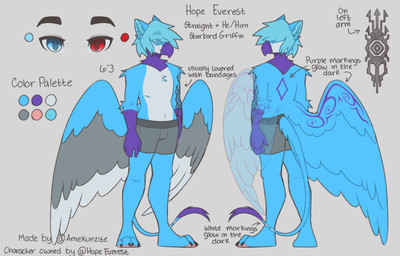 anthro athletic beak black_markings blue_body clothing heterochromia male markings purple_beak purple_markings purple_talons solo text ame_kunzite mythology hope_everest_(character) avian bird gryphon hybrid mythological_avian mythological_creature starbird_(race) english_text hi_res model_sheet