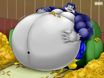 anthro belly big_belly blue_body blue_fur bodily_fluids chair fur furniture grey_body huge_belly hyper hyper_belly male musclegut muscular muscular_arms muscular_male navel nipples sitting solo steamy_breath stuffing sweat yellow_eyes b12a ape gorilla haplorhine mammal primate hi_res
