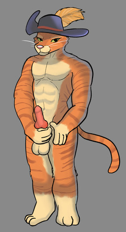 3_toes 4_fingers abs animal_genitalia anthro athletic athletic_anthro athletic_male balls cheek_tuft clothing erection facial_tuft feet fingers fur fuzzy genitals green_eyes grey_background hat hat_only headgear headgear_only headwear headwear_only humanoid_genitalia humanoid_penis hybrid_genitalia hybrid_penis knot knotted_humanoid_penis knotted_penis looking_at_viewer male mostly_nude muscular nude orange_body orange_fur paws penis penis_grab presenting presenting_penis sheath simple_background smile smirk solo standing tail toes tuft whiskers spicy_poncho dreamworks puss_in_boots_(franchise) puss_in_boots_(dreamworks) domestic_cat felid feline felis mammal tabby_cat hi_res