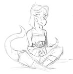 anthro eyelashes female fingers hair long_tail short_hair sitting smile snout solo tail bybuckett cavemanon_studios snoot_game bianca_(bybuckett) fan_character arthropod crustacean dinosaur isopoda malacostracan prehistoric_species reptile scalie 2024 black_and_white monochrome sketch