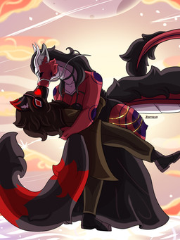anthro black_hair brown_hair clothing dress duo eyes_closed female fluffy fluffy_tail fur hair heart_symbol kissing long_hair long_tail machine male male/female mane one_leg_up raised_leg red_body romantic romantic_couple size_difference tail white_body zortrex mythology dragon furred_dragon furred_scalie mythological_creature mythological_scalie protogen scalie absurd_res hi_res