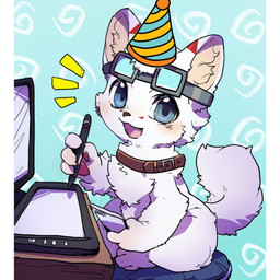 abstract_background ambiguous_gender anthro birthday blue_background blue_eyes brown_collar brown_nose chair cheek_tuft clothed clothing collar computer drawing_tablet electronics eyewear eyewear_on_head facial_markings facial_tuft fur furniture goggles goggles_on_head hat head_markings headgear headwear holding_object holding_pen holding_phone kemono markings multicolored_hat open_mouth open_smile partially_clothed party_hat pen phone pink_tongue red_ears red_markings simple_background sitting smile snout snout_markings solo table tan_inner_ear tongue tuft white_body white_fur young young_anthro cloudyiki canid canine mammal 1:1 2019 digital_media_(artwork) hi_res shaded