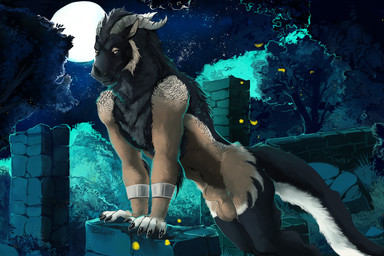 animal_genitalia anthro arm_tuft balls black_body black_claws black_fur bracelet cheek_tuft claws detailed_background elbow_tuft facial_horn facial_tuft finger_claws full_moon fully_sheathed fur genitals horn jewelry leaning leaning_forward leaning_on_object looking_at_viewer male male_anthro moon multicolored_body multicolored_fur nature nature_background night nose_horn nude_anthro nude_male plant sheath solo star tail tan_balls tan_body tan_fur tan_sheath tree tuft white_body white_fur wristband i-psilone ember_(trey.embershade) felkin hi_res