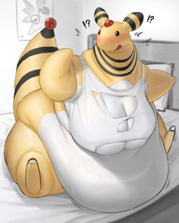 anthro anthrofied bed bed_sheet bedding belly belly_overhang big_belly big_breasts black_sclera black_stripes blush bodily_fluids breasts clothed clothing countershade_belly countershade_torso countershading dot_eyes dripping emanata fat_rolls female flash_emanata flippers forehead_gem furniture gem glistening glistening_body huge_belly huge_breasts hyper hyper_belly interrobang looking_at_self love_handles morbidly_obese morbidly_obese_anthro morbidly_obese_female motion_lines multicolored_body obese obese_anthro obese_female on_bed open_mouth overweight overweight_anthro overweight_female pillow pokeball pokemorph poster raised_arm raised_tail red_gem shirt simple_eyes sitting sitting_on_bed solo stripes surprised sweat tail tail_gem tank_top tearing_clothing thick_arms thick_neck thick_tail thick_thighs three-quarter_view topwear torn_clothing torn_topwear two_tone_body white_body white_clothing white_countershading white_shirt white_tank_top white_topwear yellow_body bellylliumu nintendo pokemon ampharos generation_2_pokemon pokemon_(species) 2021 digital_media_(artwork) hi_res shaded