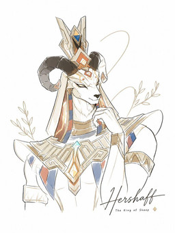 anthro bovid_horn caprine_horn clothing egyptian egyptian_clothing egyptian_headdress fur gem headgear headwear horn male multicolored_clothing multicolored_headwear plant pupils ram_horn snout text yellow_eyes gentleman_paimon egyptian_mythology genshin_impact middle_eastern_mythology mihoyo mythology heryshaf_(genshin_impact) bovid caprine goat mammal 2026 3:4 character_name english_text portrait restricted_palette