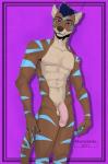 5_fingers abs animal_genitalia anthro balls biceps biped blue_hair blue_stripes brown_body brown_claws brown_fur brown_nose circumcised claws countershade_face countershade_torso countershading cyan_stripes fingers flaccid fur genitals glans hair humanoid_genitalia humanoid_hands humanoid_penis male multicolored_body multicolored_fur muscular muscular_anthro muscular_male nipples nude pecs penis pink_nipples pink_penis purple_background purple_eyes sheath simple_background solo standing striped_body striped_fur stripes tan_balls tan_body tan_countershading tan_fur two_tone_body two_tone_fur vein veiny_penis momobeda felid hybrid mammal mustelid otter pantherine tiger 2017 hi_res portrait three-quarter_portrait