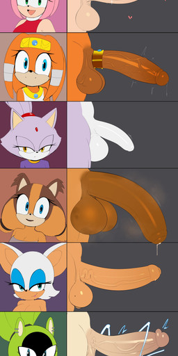 anthro balls big_balls big_penis blue_eyes bodily_fluids chart crossgender erection ftg_crossgender fti_crossgender fur genital_fluids genitals green_body green_eyes green_fur gynomorph humanoid_genitalia humanoid_penis intersex penis penis_chart penis_size_comparison penis_size_difference pink_body pink_fur precum smile g3mma idw_publishing penis_lineup sega sonic_adventure sonic_boom sonic_the_hedgehog_(comics) sonic_the_hedgehog_(idw) sonic_the_hedgehog_(series) amy_rose blaze_the_cat rouge_the_bat sticks_the_jungle_badger surge_the_tenrec tikal_the_echidna afrosoricid badger bat domestic_cat echidna eulipotyphlan felid feline felis hedgehog mammal monotreme mustelid musteline tenrec absurd_res hi_res