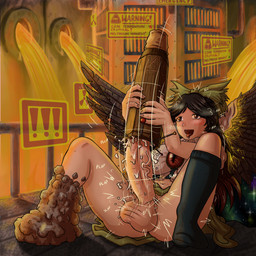3_eyes accessory balls big_balls big_breasts big_penis black_hair black_wings blush bodily_fluids bottomwear bow_ribbon breasts chest_eye clothing contact_onomatopoeia cum dripping exclamation_point feathered_wings feathers genital_fluids genitals green_bottomwear green_clothing green_skirt gynomorph hair hair_accessory hair_bow hair_ribbon hazard_symbol huge_balls huge_penis impact_onomatopoeia improvised_sex_toy intersex masturbation motion_lines multi_eye onomatopoeia open_mouth penetrable_sex_toy penile penile_masturbation penis plap radiation_symbol railing ribbons saliva saliva_drip sex_toy shirt sitting skirt solo sound_effects symbol text tongue tongue_out topwear vein veiny_penis warning_sign white_clothing white_shirt white_topwear wings kakothecruiser touhou utsuho_reiuji animal_humanoid avian avian_humanoid humanoid winged_humanoid 1:1 2020 english_text hi_res