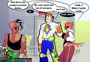 5_fingers anthro backwards_baseball_cap backwards_hat baseball_cap beak big_breasts black_clothing black_crop_top black_eyeshadow black_leotard black_sclera black_shirt black_topwear bottomwear breasts brown_hair burn_scar cigarette cigarette_in_mouth clothing crop_top curvy_figure detailed_background dialogue exit_sign eyelashes eyeshadow feathers female fingerless_gloves fingers gloves green_paint group gun hair handwear hat headgear headwear hoodie inside instagram_logo leotard light-skinned_male light_body light_skin makeup male multicolored_body multicolored_feathers object_in_mouth orange_clothing orange_gloves orange_handwear paint paint_can pants ranged_weapon red_body red_bottomwear red_clothing red_feathers red_pants reddit_logo scar shirt smoking smoking_cigarette sweatpants t-shirt tail tail_feathers text tiktok_logo topwear trio two_tone_body two_tone_feathers voluptuous voluptuous_anthro voluptuous_female weapon white_body white_clothing white_feathers white_shirt white_t-shirt white_topwear x_logo yellow_eyes aabramsart instagram reddit tiktok x_(social_media) ashley_(aabramsart) tanya_(aabramsart) avian bird human mammal 2026 artist_name digital_drawing_(artwork) digital_media_(artwork) english_text hi_res watermark