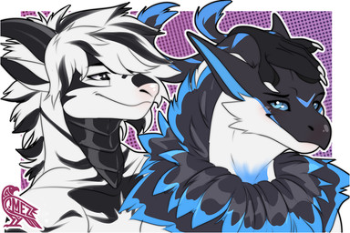 2_horns anthro black_background black_body black_horn black_inner_ear blue_body blue_eyes blue_inner_ear claws duo finger_claws fur hair head_tuft horn male male_anthro neck_tuft purple_background simple_background smile tuft white_background white_body omez mythology dragon furred_dragon furred_scalie mythological_creature mythological_scalie scalie 3:2 portrait watermark