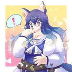 anthro belt blue_eyes blue_hair blush colored_nails ear_piercing ear_ring exclamation_point eyewear female female_anthro fur glasses hair kemono long_hair nails overweight piercing ring_piercing solo white_body white_fur alli_paeonia lifewonders tokyo_afterschool_summoners hekate_(tas) canid canine mammal 1:1 hi_res