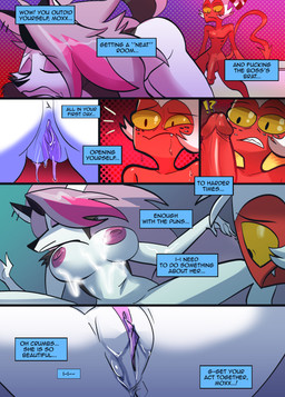anthro areola bangs blush bodily_fluids breasts butt cartoon_freckles cum cum_on_face dialogue eyelashes facial_tuft female freckled_face freckles genital_fluids genitals glistening_eyelids hair hair_over_eye imps long_eyelashes male nipples nude profanity red_body smile tail tear_trough text tuft vaginal_fluids vulva yellow_sclera kato777 hellaverse helluva_boss mythology loona_(helluva_boss) moxxie_(helluva_boss) canid canid_demon canine demon hellhound mammal mythological_canine mythological_creature absurd_res comic english_text hi_res