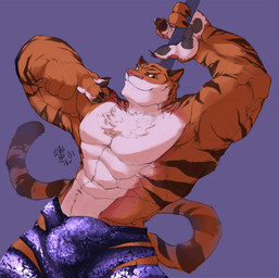 abs anthro biceps big_muscles biped black_body black_fur bottomwear bulge chest_tuft claws clothed clothing countershading detailed_bulge fur genital_outline gesture hand_gesture looking_at_viewer male muscular muscular_anthro muscular_male orange_body orange_fur pecs penis_outline pointing pole pose raised_arm shorts solo standing stripes topless tuft white_body white_fur zootopia_shorts linlvjia disney zootopia tiger_dancer_(zootopia) felid mammal pantherine tiger 2016 digital_media_(artwork)