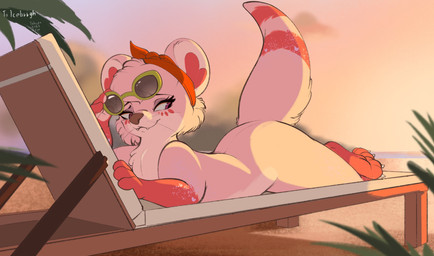 4_fingers beach beach_chair big_butt bow_ribbon brown_nose butt cheek_tuft chest_tuft claws countershade_face countershade_torso countershading cute_fangs detailed_background eyebrows eyelashes eyewear eyewear_on_head eyewear_only facial_tuft fangs feet fingers fur glasses gloves_(marking) looking_back lying markings nude nude_beach on_front purple_eyes raised_tail red_body red_fur seaside smile solo striped_markings striped_tail stripes sunglasses sunglasses_on_head sunglasses_only sunset tail tail_markings tan_body tan_fur teeth text toe_claws toes tuft whiskers conditional_dnp tohupo icebrrgh mammal mustelid otter 2023 absurd_res artist_name dated digital_drawing_(artwork) digital_media_(artwork) hi_res