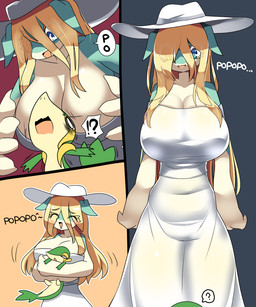 3_panel_comic 4_fingers alternate_hairstyle ambiguous_feral ambiguous_gender anthro bangs big_breasts big_eyes black_text blonde_eyebrows blonde_eyelashes blonde_hair blue_eyes blush blush_lines breasts cleavage clothed clothed_anthro clothed_female clothing collarbone cosplay dress duo ellipsis exclamation_point eye_through_hair eyebrows eyelashes eyelashes_through_hair featureless_feet feet female female/ambiguous female_anthro feral fingers fully_clothed fully_clothed_anthro fully_clothed_female glistening glistening_eyes green_body hair hat headgear headwear holding_another hug huge_breasts huge_hips hugging_another hugging_from_behind interrobang kemono larger_anthro larger_female leaf leaf_tail long_hair looking_down looking_down_at_another looking_up_at_another motion_lines multicolored_body nipple_outline open_mouth open_smile pivoted_ears pupils question_mark shaking shocked simple_background size_difference slit_nostrils smaller_ambiguous smaller_feral smile snout speech_bubble standing sun_hat sundress tail tan_body tan_breasts teal_body teal_ears text thick_thighs translucent translucent_hair two_tone_body white_clothing white_dress white_hat white_headwear white_pupils white_sclera white_speech_bubble white_sun_hat white_sundress white_text wide_hips yellow_body lets0020 my_hero_academia nintendo pokemon urban_legend hasshaku-sama ippan_josei generation_5_pokemon mammal pokemon_(species) quirked_human_(my_hero_academia) snivy 2025 5:6 comic crossover digital_media_(artwork) hi_res japanese_description multiple_scenes shaded