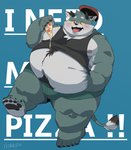 anthro belly blue_background blush bulge clothing food green_body hat headgear headwear horn kemono male moobs nipples overweight overweight_anthro overweight_male pizza pubes shirt simple_background solo text tongue tongue_out topwear underwear uokkom mammal 2020 hi_res