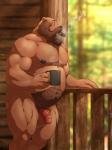 3:4 anthro balls bear beard belly beverage biceps big_biceps black_nose brown_bear brown_beard brown_body brown_facial_hair brown_fur cigar circumcised coffee coffee_mug container cup detailed_background erection facial_hair facial_piercing flaccid fur genitals grisser grizzly_bear hairy hi_res holding_container holding_cup holding_object humanoid_genitalia humanoid_penis male mammal manly mature_male musclegut muscular muscular_anthro muscular_male nature nipples nose_piercing nose_ring nude open_mouth outside pecs penis piercing plant porch pubes ring_piercing septum_piercing side_view smoke smoking solo steam stocky sunny teeth tree ursine vein veiny_penis yellow_eyes