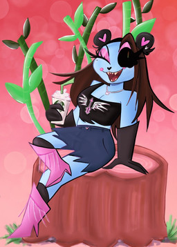 ambiguous_gender bamboo big_breasts black_clothing black_shirt black_tank_top black_topwear blue_body boots bottomwear breasts brown_hair clothing denim denim_bottomwear denim_clothing denim_shorts drinking_straw ear_accessory eyeshadow footwear hair high_heeled_boots high_heels jewelry makeup neck_accessory one_eye_closed pink_boots pink_clothing pink_footwear shirt shoes shorts sitting smile smirk solo stump tank_top topwear wink unknown_artist hazbin_hotel hellaverse starbucks mammal hi_res