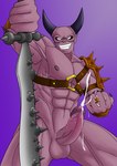 abs balls bodily_fluids cum cum_on_hand erection genital_fluids genitals grin half-erect horn looking_at_viewer male muscular nipples pecs penis smile solo thewanktuary dragon_quest dragon_quest_xi square_enix mordegon demon humanoid