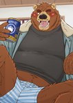 alcohol anthro beer beverage blush brown_body brown_fur brown_nose can clothing container fur humanoid_hands kemono male one_eye_closed overweight overweight_anthro overweight_male romantic shirt solo text topwear underwear wink ryuta-h bear mammal 2021 hi_res