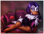 anthro beak biped black_hair breasts cleavage clothed clothing dress eyelashes eyeshadow female flower footwear furniture hair high_heels holding_flower holding_object looking_at_viewer makeup non-mammal_breasts pillow plant purple_eyes rose_(flower) shoes short_dress short_hair showing_leg smile sofa solo fernando_faria disney ducktales magica_de_spell anatid anseriform avian bird duck 2017