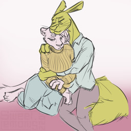 4_fingers 4_toes anthro bottomwear cheek_tuft claws clothed clothing denim denim_bottomwear denim_clothing duo ear_piercing eyebrows eyes_closed facial_tuft feet female fingers fluffy fluffy_tail fur fur_markings gradient gradient_background green_body green_fur half-closed_eyes hug inner_ear_fluff jeans kneeling long_ears long_neck long_tail looking_down male male/female markings narrowed_eyes pants paws piercing pink_background pink_body pink_fur shirt simple_background simple_coloring simple_eyes sitting sketchy snout sweater tail toes topwear tuft whiskers white_background sweet.lemons lemon_(sweet.lemons) domestic_cat felid feline felis lion mammal pantherine tiger 1:1 2022 digital_drawing_(artwork) digital_media_(artwork) digital_painting_(artwork) painting_(artwork) shaded signature simple_shading sketch