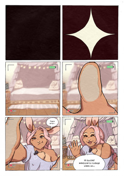 5_fingers anthro battery_life bed bedroom breasts camera_view chest_tuft clothed clothed_anthro clothed_female clothing dialogue female fingers fur furniture gesture hair humanoid_hands nipple_outline off_shoulder pink_hair recording recording_video solo speech_bubble tan_body tan_fur text tuft waving kantachibli eva_(kantachibli) lagomorph leporid mammal rabbit comic digital_media_(artwork) english_text hi_res
