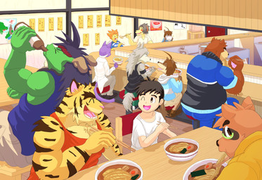 alcohol_bottle anthro detailed_background food group male male/male noodles ramen restaurant text wo morenatsu mythology background_character hiroyuki_(morenatsu) juuichi_mikazuki kounosuke_(morenatsu) kouya_(morenatsu) tatsuki_(morenatsu) torahiko_(morenatsu) bear canid canine canis domestic_cat domestic_dog dragon eastern_dragon felid feline felis human humanoid husky mammal mythological_creature mythological_scalie nordic_sled_dog pantherine raccoon_dog scalie spitz tanuki tiger detailed hi_res japanese_text