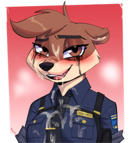 accessory after_sex anthro bodily_fluids brown_body brown_eyes brown_fur brown_hair clothing cum cum_in_mouth cum_inside cum_on_face cum_on_shirt female fur genital_fluids hair looking_at_viewer makeup mascara necktie police police_officer police_uniform running_makeup running_mascara solo uniform psakorn_tnoi mammal mustelid otter absurd_res bust_portrait hi_res portrait