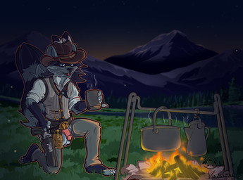 4_fingers 4_toes anthro belt beverage black_body black_fur black_hair blue_eyes camp campfire clothing coffee collared_shirt container cooking cooking_pot cowboy cowboy_hat crockpot cup detailed_background feet fingers fire flaccid fur genitals grass grey_body grey_fur gun hair hat headgear headwear holster male markings morning mountain mug open_mouth penis plant ranged_weapon shirt solo striped_markings striped_tail stripes tail tail_markings toes topwear vest weapon whiskers vinzin_(artist) nigel_(drcaptain) mammal procyonid raccoon 2025 hi_res