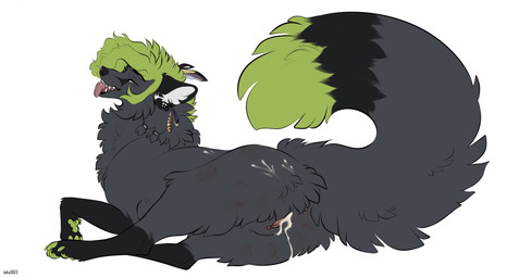 anus bite_mark black_body black_fur black_nose bodily_fluids butt claws cum cum_from_vagina cum_in_vagina cum_inside cum_on_butt cum_on_vulva eyebrows feathers female feral fluffy fluffy_tail fur genital_fluids genitals green_body green_claws green_eyes green_fur green_hair green_pawpads grey_body grey_fur hair humanoid_genitalia humanoid_genitalia_on_feral humanoid_vulva humanoid_vulva_on_feral leaking_cum looking_at_viewer open_mouth outline pawpads paws presenting presenting_vulva raised_tail simple_background solo tail teeth tongue tongue_out tuft vulva white_background taka_(artist) taka_fox canid canine canis fox mammal 2022 colored digital_media_(artwork) digital_painting_(artwork) hi_res painting_(artwork) signature sketch widescreen