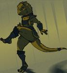 anthro armor bottomwear bracers clothing dress feet female hotpants kick muscular muscular_anthro muscular_female push shadow short_dress shorts solo toes yellow_eyes greenpolygon dinosaur prehistoric_species reptile reptoid scalie theropod hi_res