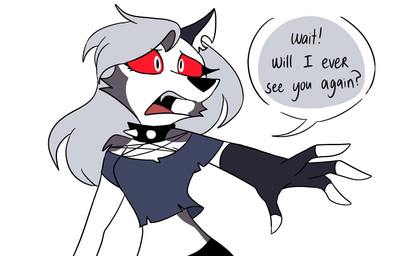 anthro clothing collar dialogue female fingerless_gloves fur gloves grey_body grey_fur grey_hair hair handwear red_sclera solo speech_bubble spiked_collar spikes text white_body white_eyes white_fur emositecc hellaverse helluva_boss mythology loona_(helluva_boss) canid canid_demon canine demon hellhound mammal mythological_canine mythological_creature english_text hi_res