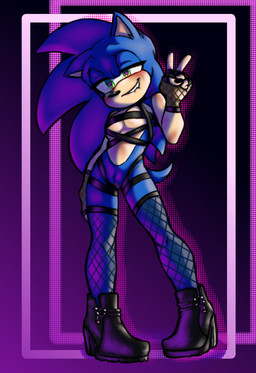 andromorph anthro bedroom_eyes bite biting_lip biting_own_lip blue_body blue_fur blush clothing crossgender fingerless_gloves fishnet_clothing fishnet_legwear footwear fur genitals gesture gloves green_eyes hair half-closed_eyes hand_gesture handwear harness high_heels intersex legwear mta_crossgender mti_crossgender narrowed_eyes seductive self_bite shoes solo standing stripper tail v_sign vulva ggs_busyrn sega sonic_the_hedgehog_(series) sonic_the_hedgehog eulipotyphlan hedgehog mammal digital_media_(artwork) hi_res