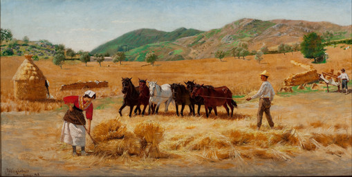 ambiguous_feral ambiguous_gender biped clothed clothed_female clothed_human clothed_male clothing cloud day detailed_background dress facial_hair female female_human feral field group hair halter hat hay hay_bale headgear headwear hill holding_leash holding_object hooves leash leash_pull male male_human mane mustache outside plant quadruped rock sky standing tail tree unguligrade working pedro_weingartner public_domain equid equine horse human mammal 1903 20th_century absurd_res ancient_art dated hi_res oil_painting_(artwork) painting_(artwork) signature traditional_media_(artwork) traditional_painting_(artwork)