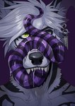 anthro black_body black_fur black_tongue bodily_fluids drooling ear_piercing fangs front_view fur green_eyes grey_body grey_fur grey_hair hair long_tongue looking_at_viewer male notched_ear open_mouth piercing pupils purple_tongue saliva saliva_on_tongue saliva_string short_hair slit_pupils solo striped_body striped_fur striped_tongue stripes teeth tongue tongue_on_face tongue_out imperatorcaesar canid mammal absurd_res bust_portrait hi_res portrait