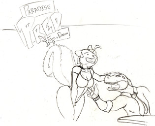anthro bar breasts drunk duo female imminent_vore male stressed substance_intoxication vore chaoshetra mammal reptile rodent scalie sciurid tree_squirrel black_and_white monochrome traditional_media_(artwork)
