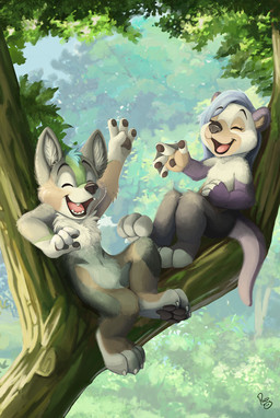 anthro blue_hair brown_pawpads duo eyelashes eyes_closed featureless_crotch female fingerpads fur grey_body grey_fur hair happy head_tuft in_tree laugh long_hair male nude open_mouth open_smile outside pawpads plant purple_body purple_fur reclining smile tan_body tan_fur tree tuft white_body white_fur young young_anthro young_female young_male pandapaco canid canine mammal mustelid otter hi_res
