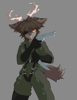 anthro antlers brown_body brown_fur clothed clothing cosplay eye_patch eyewear fur grey_background gun handgun harness holding_gun holding_handgun holding_knife holding_object holding_ranged_weapon holding_revolver holding_weapon horn knife male markings purple_markings ranged_weapon revolver simple_background solo tail weapon yellow_eyes tsupaw konami metal_gear metal_gear_solid_3 canid canine deer hybrid mammal absurd_res hi_res