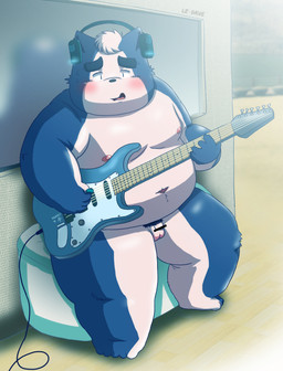 anthro balls belly blush electronics flaccid genitals headphones kemono male moobs musical_instrument nipples overweight overweight_anthro overweight_male penis pubes sitting solo debudave_12 canid canine canis domestic_dog mammal 2015 hi_res